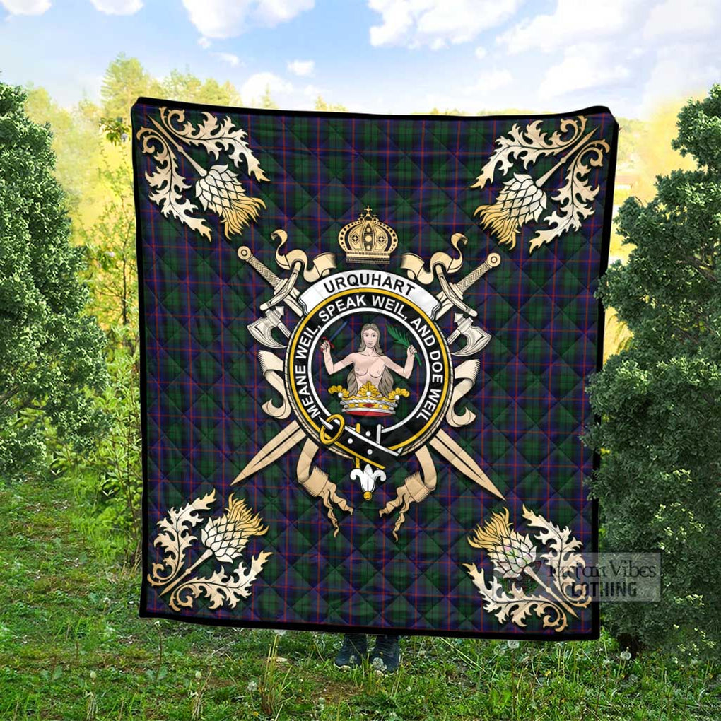 Tartan Vibes Clothing Urquhart Tartan Quilt with Family Crest and Scottish Golden Courage Shield