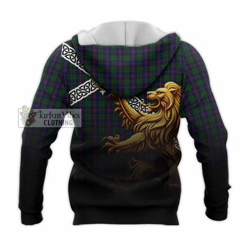 Urquhart Crest Tartan Knitted Hoodie with Golden Lion Emblem Celtic Style - Tartan Vibes Clothing