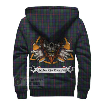 Urquhart Tartan Sherpa Hoodie with Family Crest and Bearded Skull Holding Bottles of Whiskey