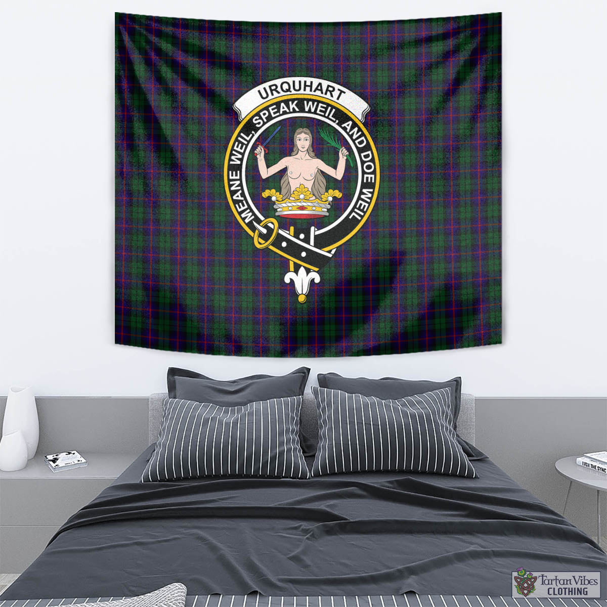 Tartan Vibes Clothing Urquhart Tartan Tapestry Wall Hanging and Home Decor for Room with Family Crest