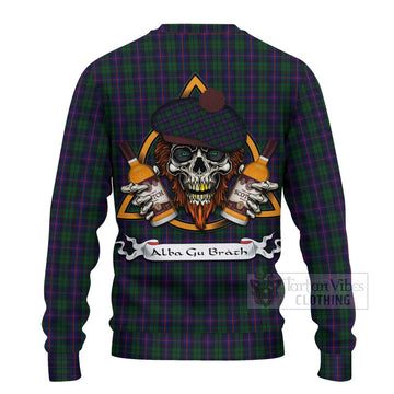 Urquhart Tartan Ugly Sweater with Family Crest and Bearded Skull Holding Bottles of Whiskey