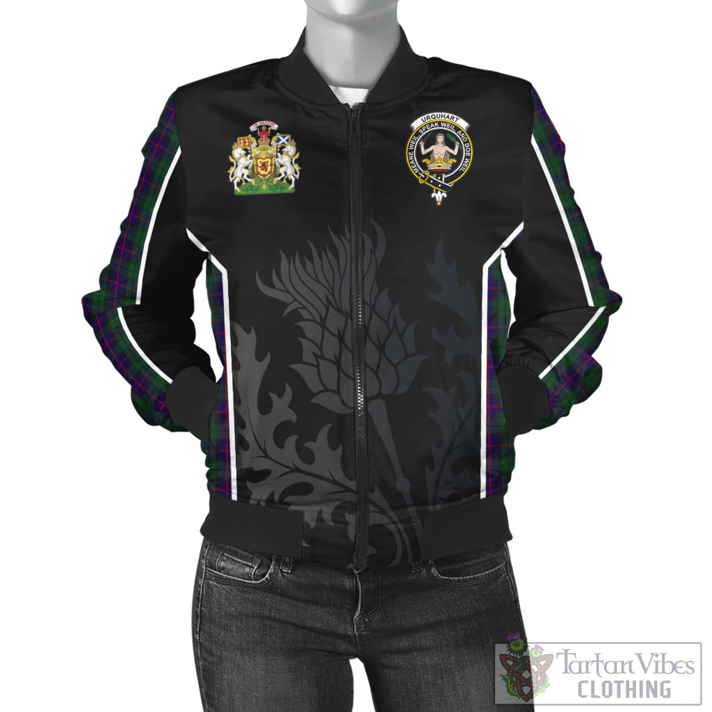 Tartan Vibes Clothing Urquhart Tartan Bomber Jacket with Family Crest and Scottish Thistle Vibes Sport Style