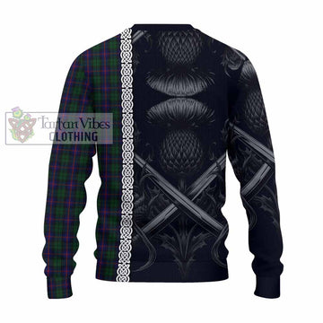 Urquhart Tartan Knitted Sweater with Family Crest Cross Sword Thistle Celtic Vibes