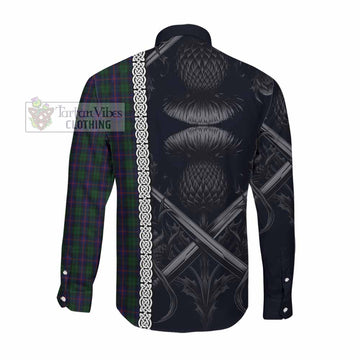 Urquhart Tartan Long Sleeve Button Shirt with Family Crest Cross Sword Thistle Celtic Vibes