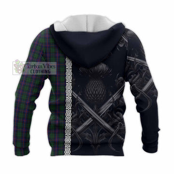 Urquhart Tartan Knitted Hoodie with Family Crest Cross Sword Thistle Celtic Vibes