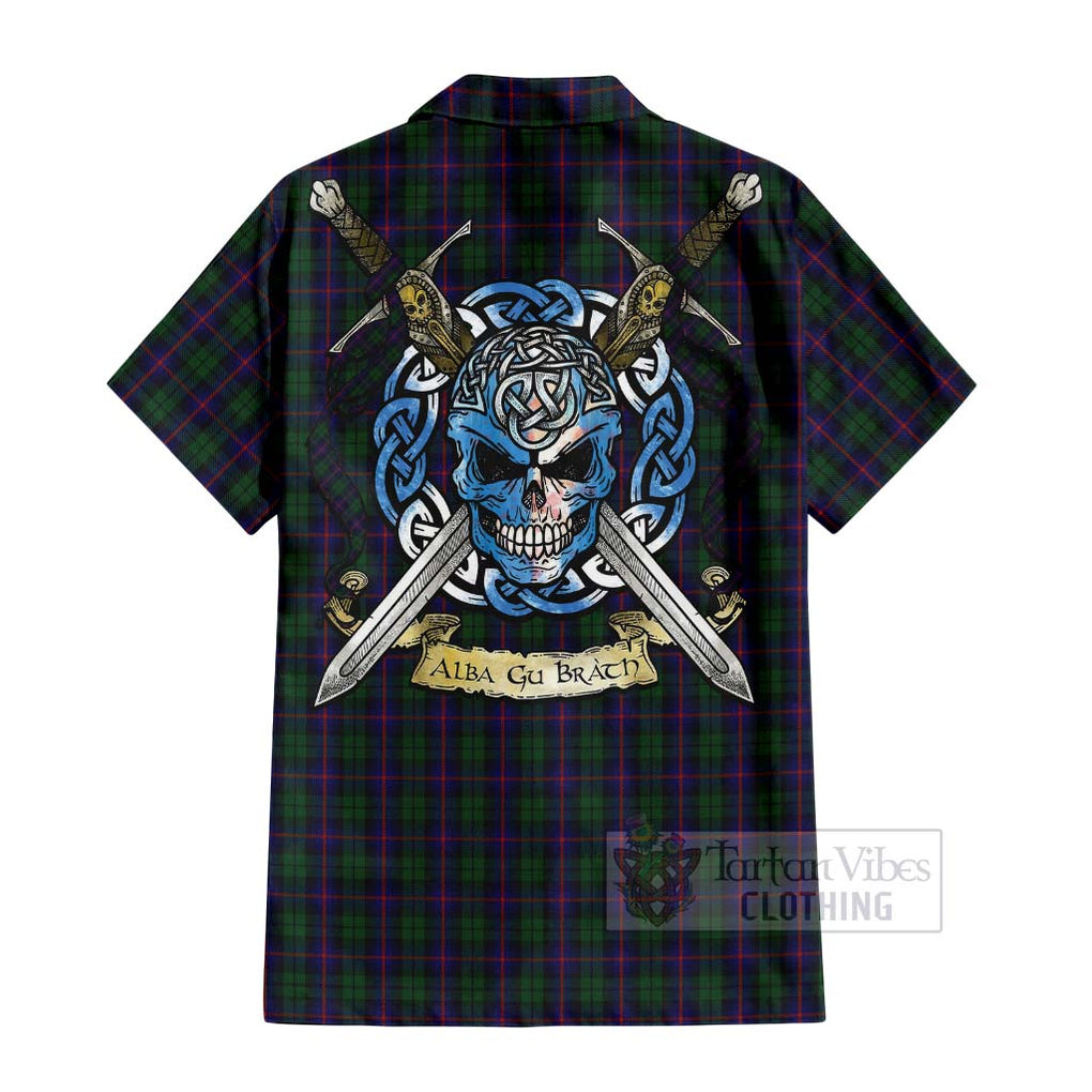 Tartan Vibes Clothing Urquhart Tartan Short Sleeve Button Shirt with Family Crest Celtic Skull Style