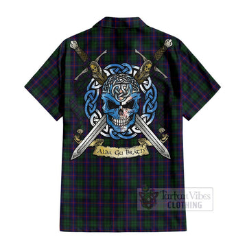 Urquhart Tartan Short Sleeve Button Shirt with Family Crest Celtic Skull Style