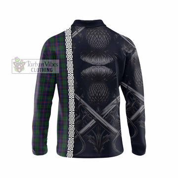 Urquhart Tartan Long Sleeve Polo Shirt with Family Crest Cross Sword Thistle Celtic Vibes