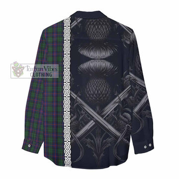 Urquhart Tartan Women's Casual Shirt with Family Crest Cross Sword Thistle Celtic Vibes