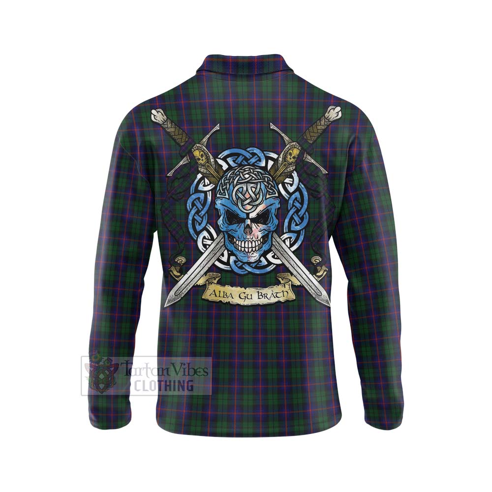 Tartan Vibes Clothing Urquhart Tartan Long Sleeve Polo Shirt with Family Crest Celtic Skull Style