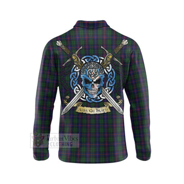 Urquhart Tartan Long Sleeve Polo Shirt with Family Crest Celtic Skull Style