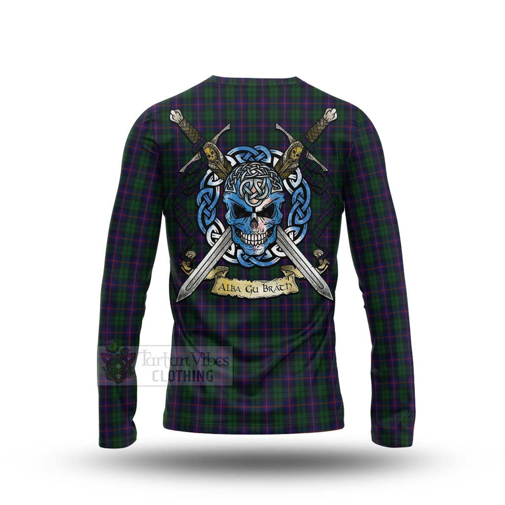 Tartan Vibes Clothing Urquhart Tartan Long Sleeve T-Shirt with Family Crest Celtic Skull Style