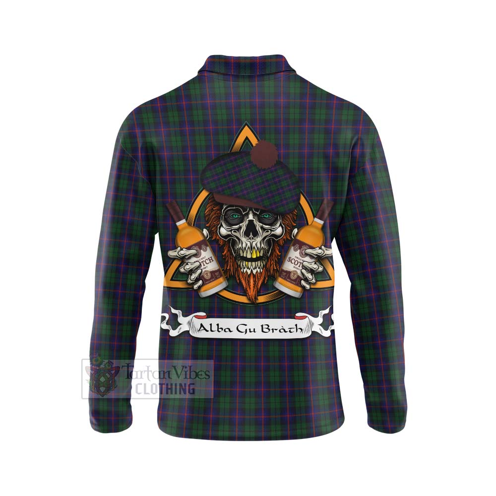 Tartan Vibes Clothing Urquhart Tartan Long Sleeve Polo Shirt with Family Crest and Bearded Skull Holding Bottles of Whiskey