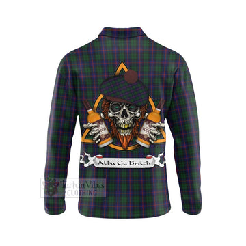 Urquhart Tartan Long Sleeve Polo Shirt with Family Crest and Bearded Skull Holding Bottles of Whiskey