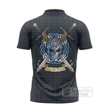 Urquhart Tartan Zipper Polo Shirt with Family Crest Celtic Skull Style