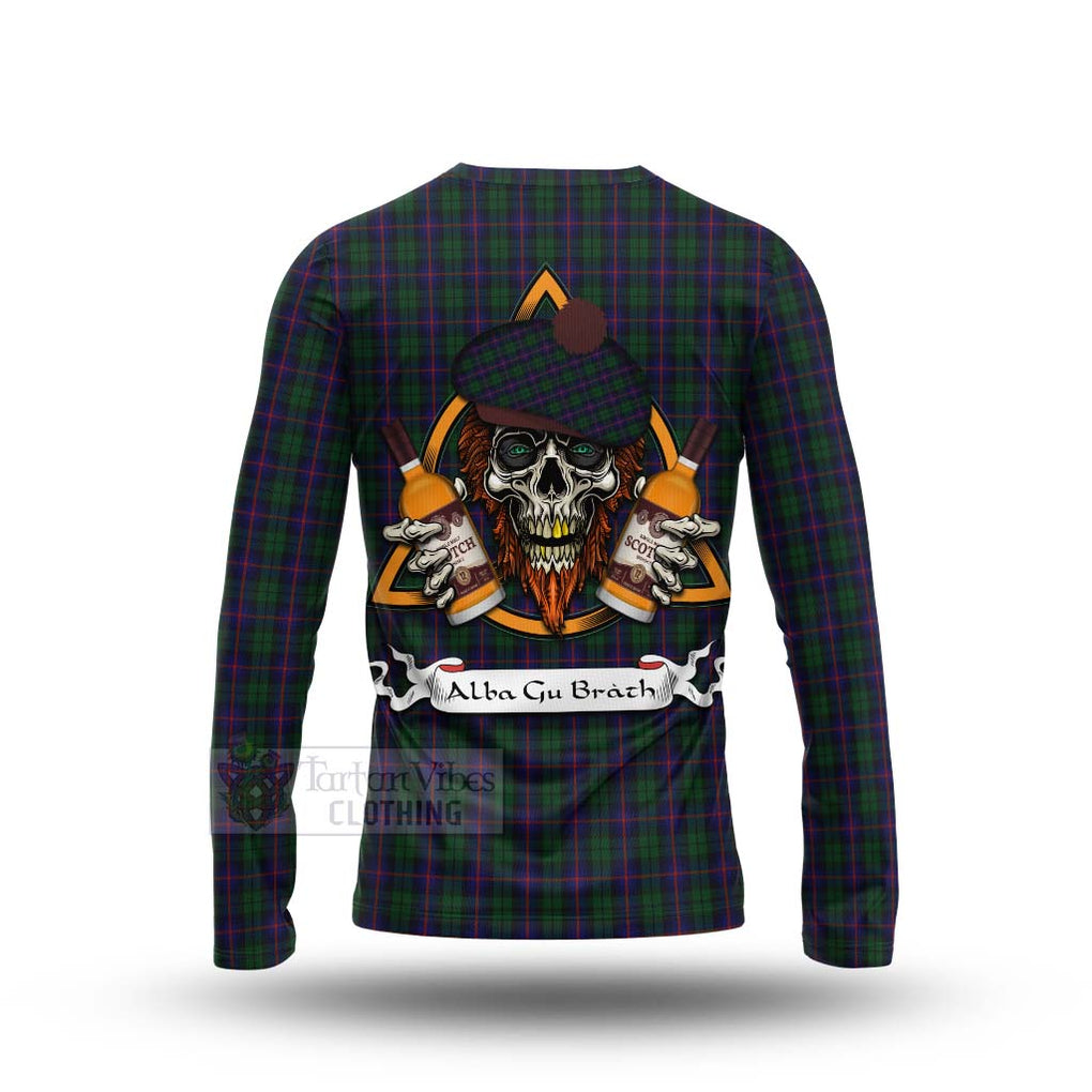 Tartan Vibes Clothing Urquhart Tartan Long Sleeve T-Shirt with Family Crest and Bearded Skull Holding Bottles of Whiskey