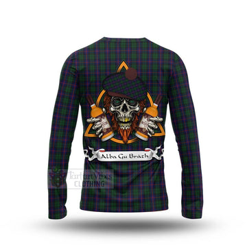 Urquhart Tartan Long Sleeve T-Shirt with Family Crest and Bearded Skull Holding Bottles of Whiskey