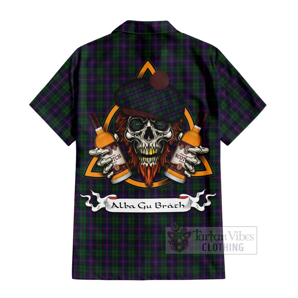 Tartan Vibes Clothing Urquhart Tartan Short Sleeve Button Shirt with Family Crest and Bearded Skull Holding Bottles of Whiskey