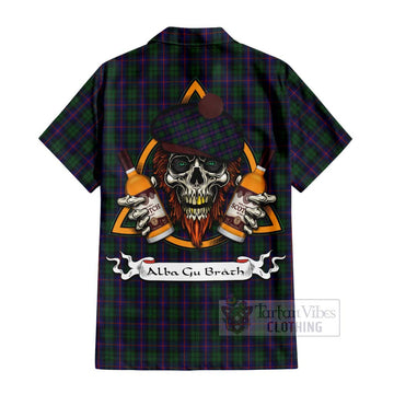 Urquhart Tartan Short Sleeve Button Shirt with Family Crest and Bearded Skull Holding Bottles of Whiskey