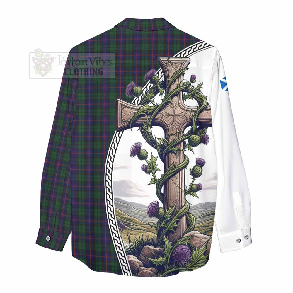 Tartan Vibes Clothing Urquhart Tartan Women's Casual Shirt with Family Crest and St. Andrew's Cross Accented by Thistle Vines