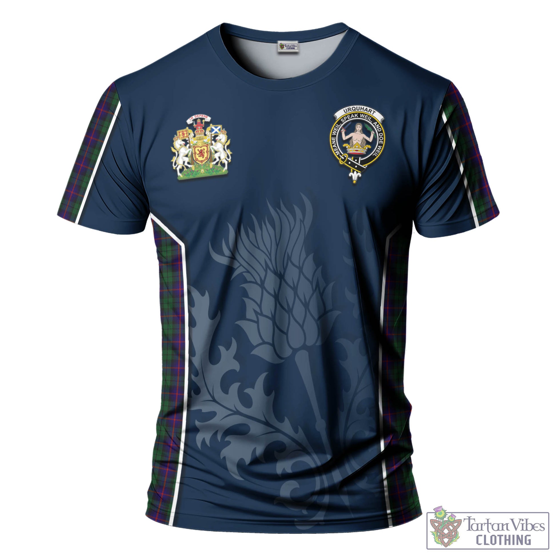 Tartan Vibes Clothing Urquhart Tartan T-Shirt with Family Crest and Scottish Thistle Vibes Sport Style