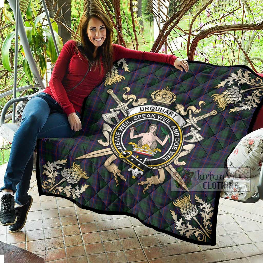 Tartan Vibes Clothing Urquhart Tartan Quilt with Family Crest and Scottish Golden Courage Shield