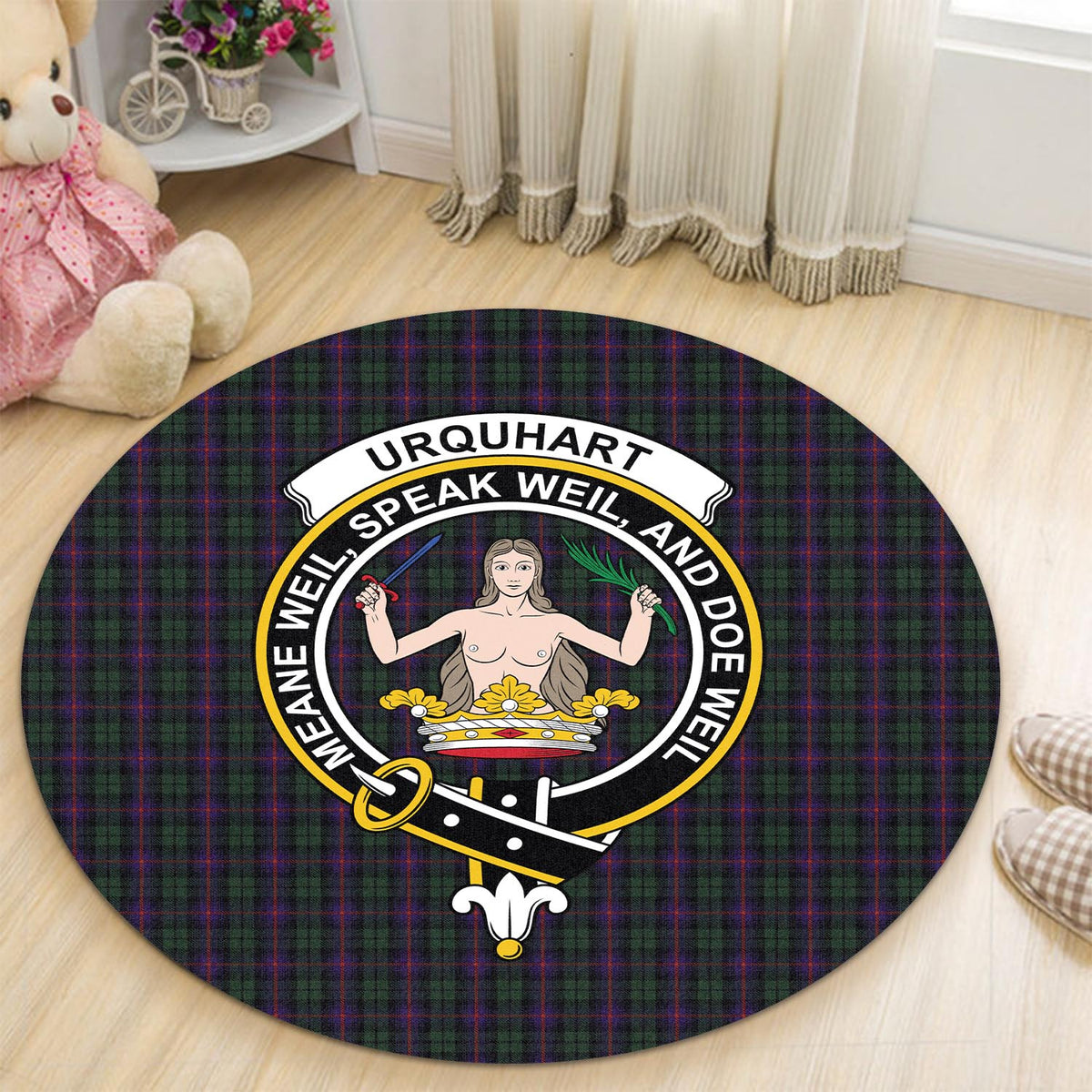 Urquhart Tartan Round Rug with Family Crest - Tartan Vibes Clothing