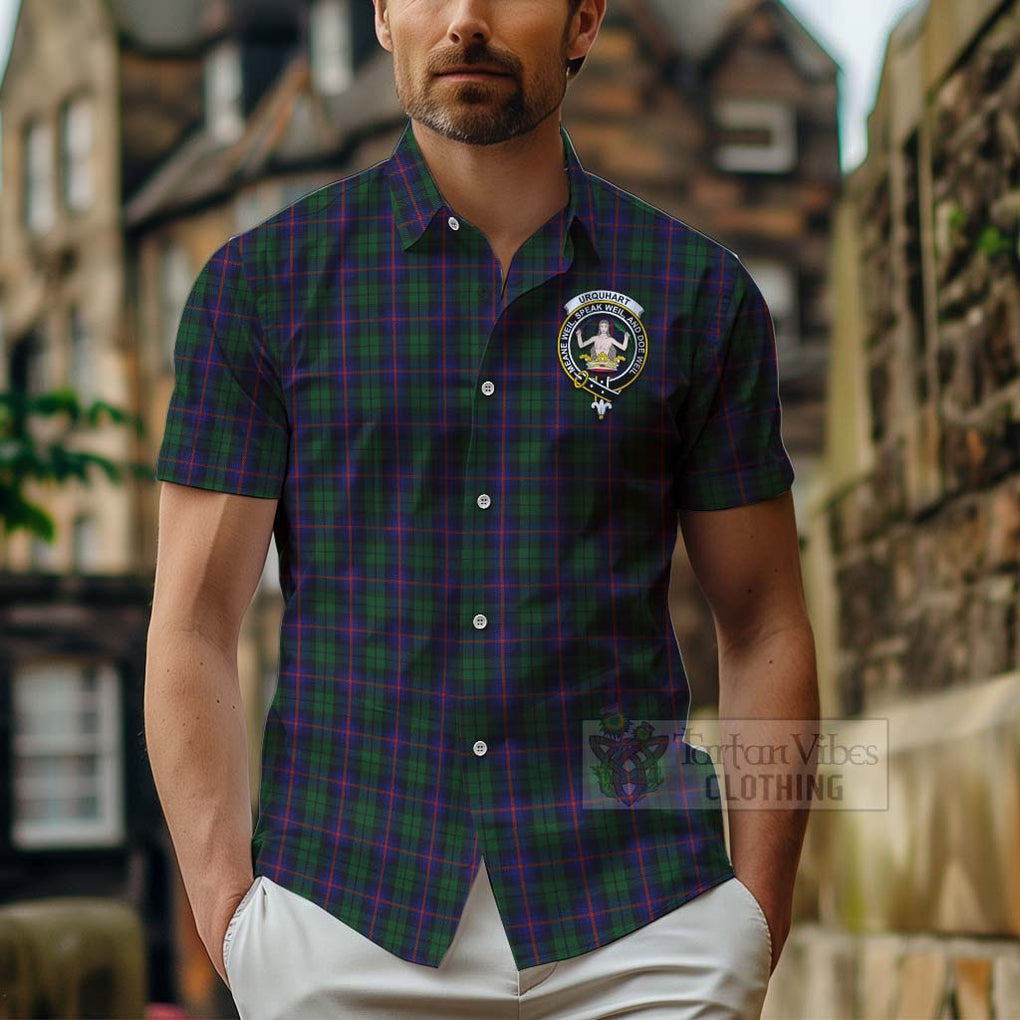 Tartan Vibes Clothing Urquhart Tartan Short Sleeve Button Shirt with Family Crest Celtic Skull Style