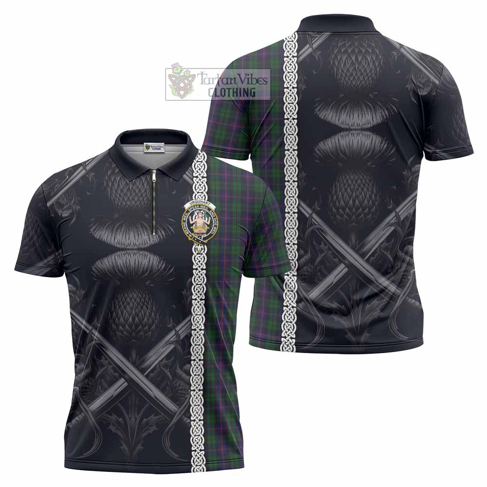 Tartan Vibes Clothing Urquhart Tartan Zipper Polo Shirt with Family Crest Cross Sword Thistle Celtic Vibes