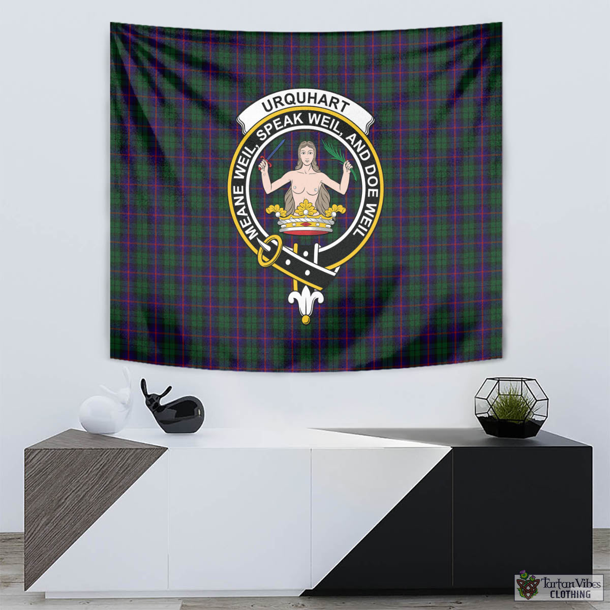 Tartan Vibes Clothing Urquhart Tartan Tapestry Wall Hanging and Home Decor for Room with Family Crest