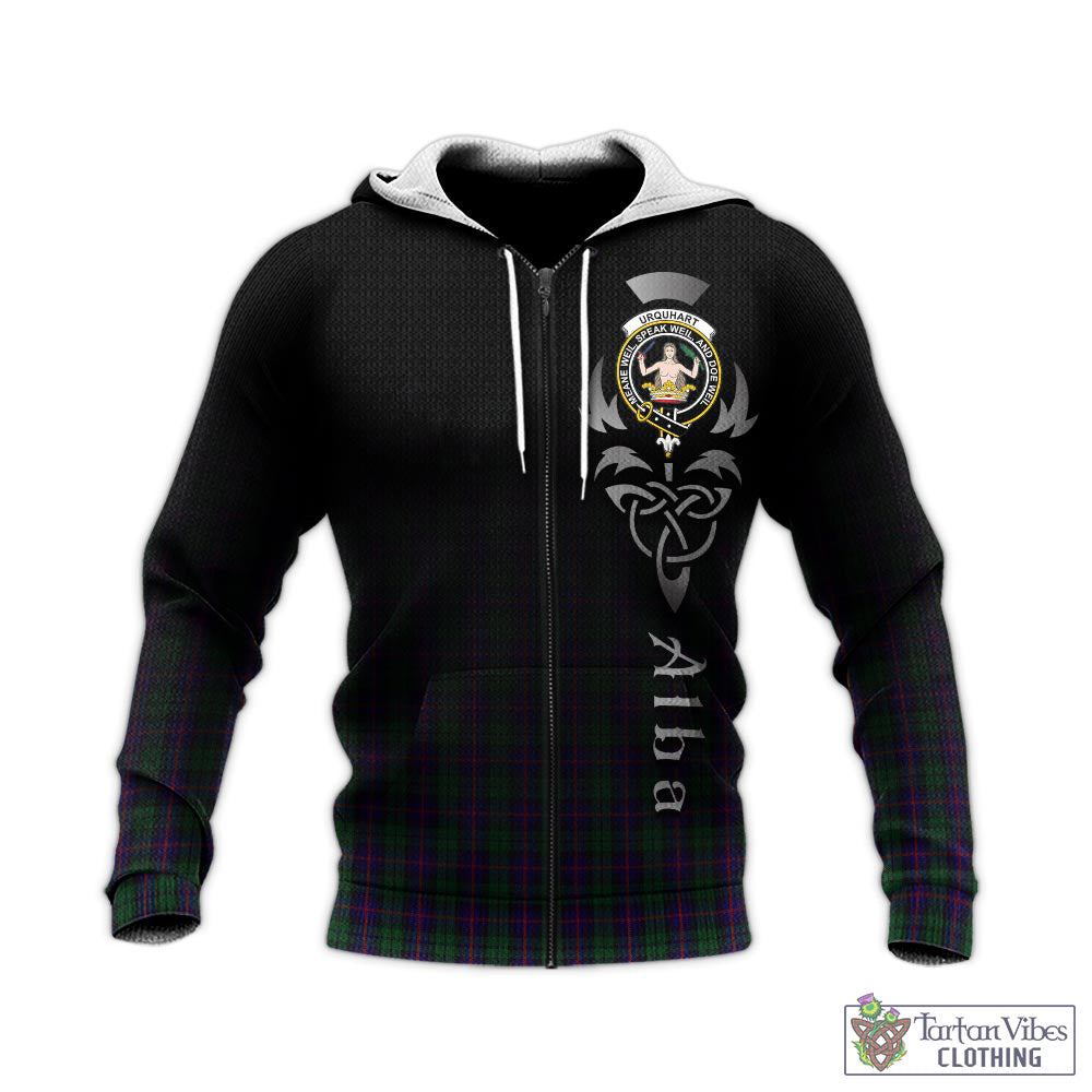 Tartan Vibes Clothing Urquhart Tartan Knitted Hoodie Featuring Alba Gu Brath Family Crest Celtic Inspired