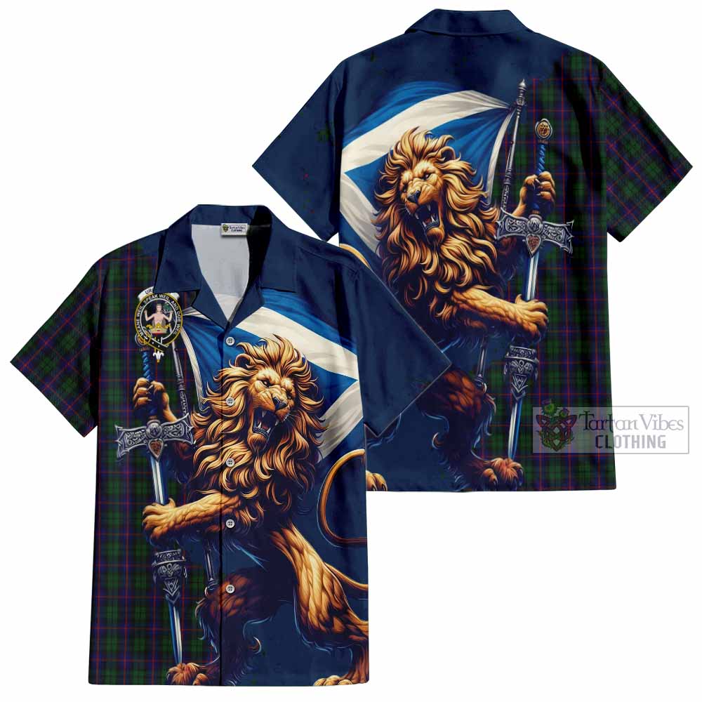 Tartan Vibes Clothing Urquhart Tartan Family Crest Short Sleeve Button Shirt with Scottish Majestic Lion