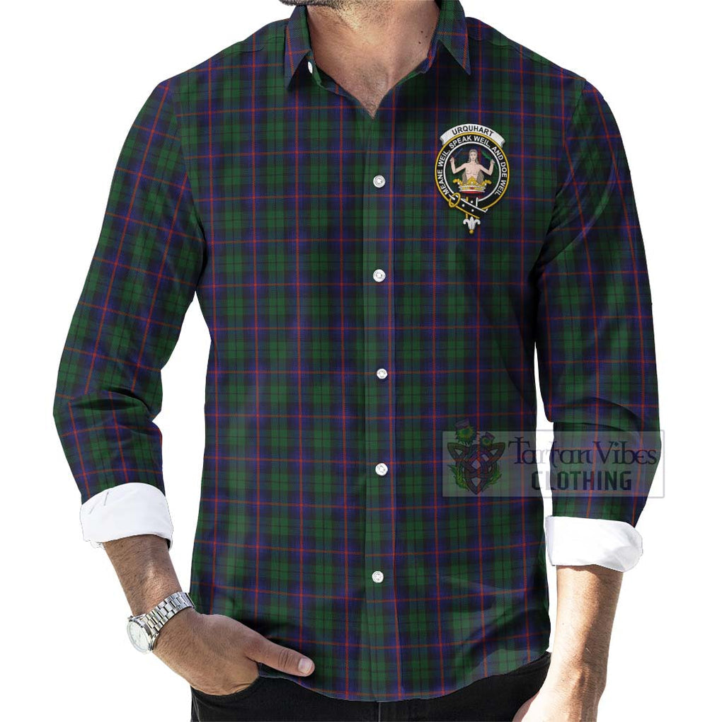 Tartan Vibes Clothing Urquhart Tartan Long Sleeve Button Shirt with Family Crest and Bearded Skull Holding Bottles of Whiskey