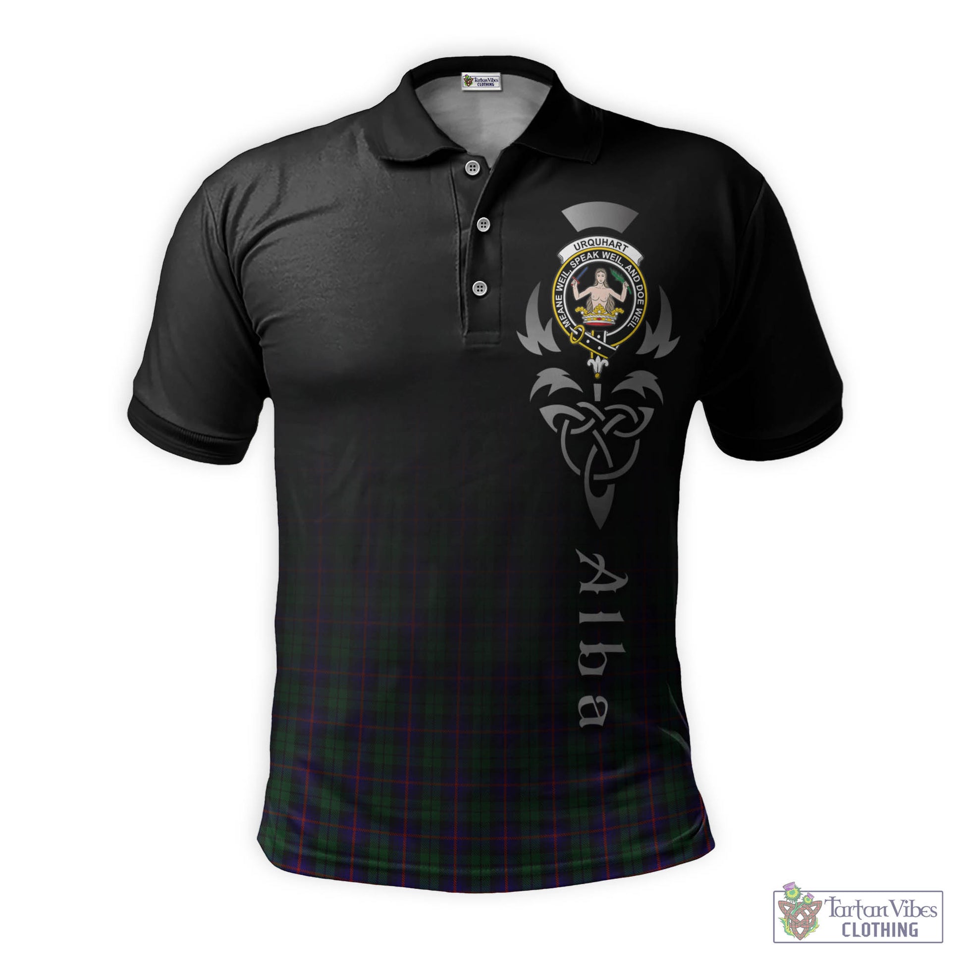 Tartan Vibes Clothing Urquhart Tartan Polo Shirt Featuring Alba Gu Brath Family Crest Celtic Inspired