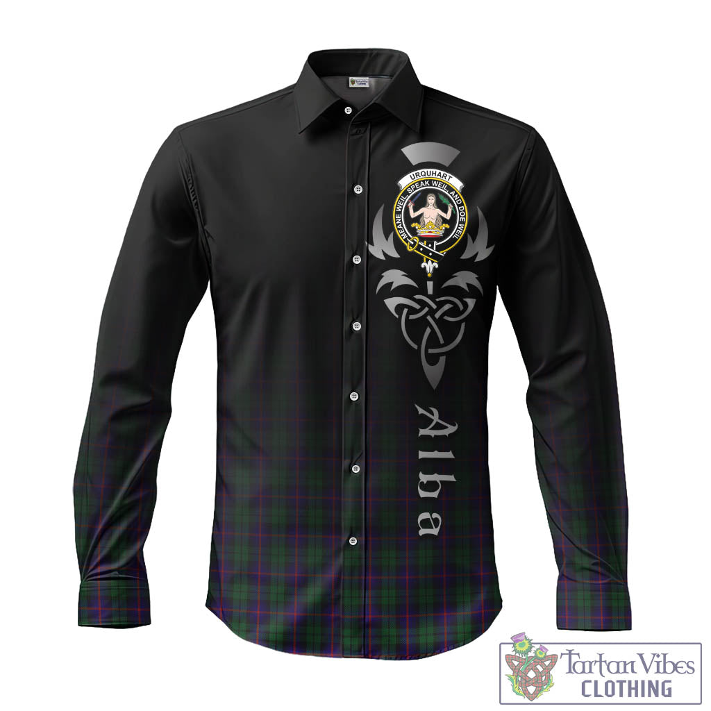 Tartan Vibes Clothing Urquhart Tartan Long Sleeve Button Up Featuring Alba Gu Brath Family Crest Celtic Inspired