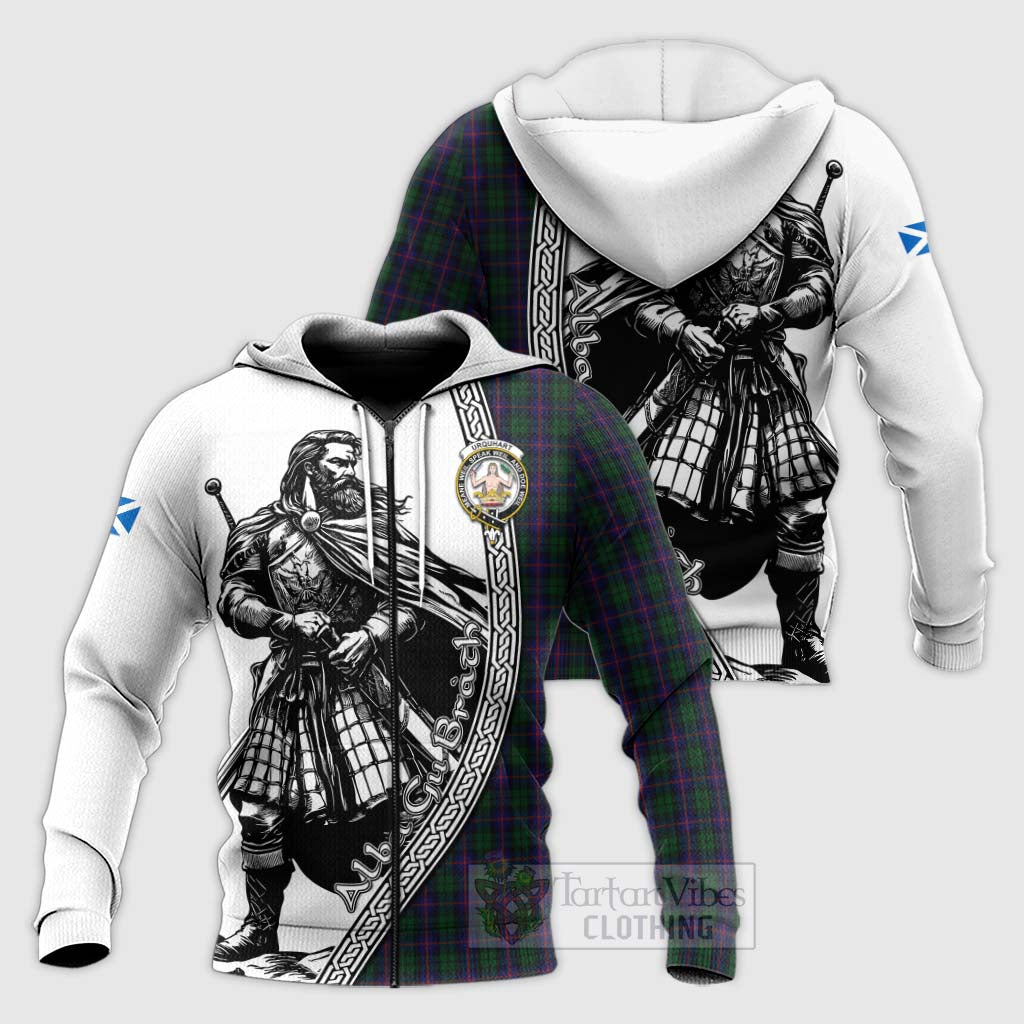 Tartan Vibes Clothing Urquhart Tartan Clan Crest Knitted Hoodie with Highlander Warrior Celtic Style