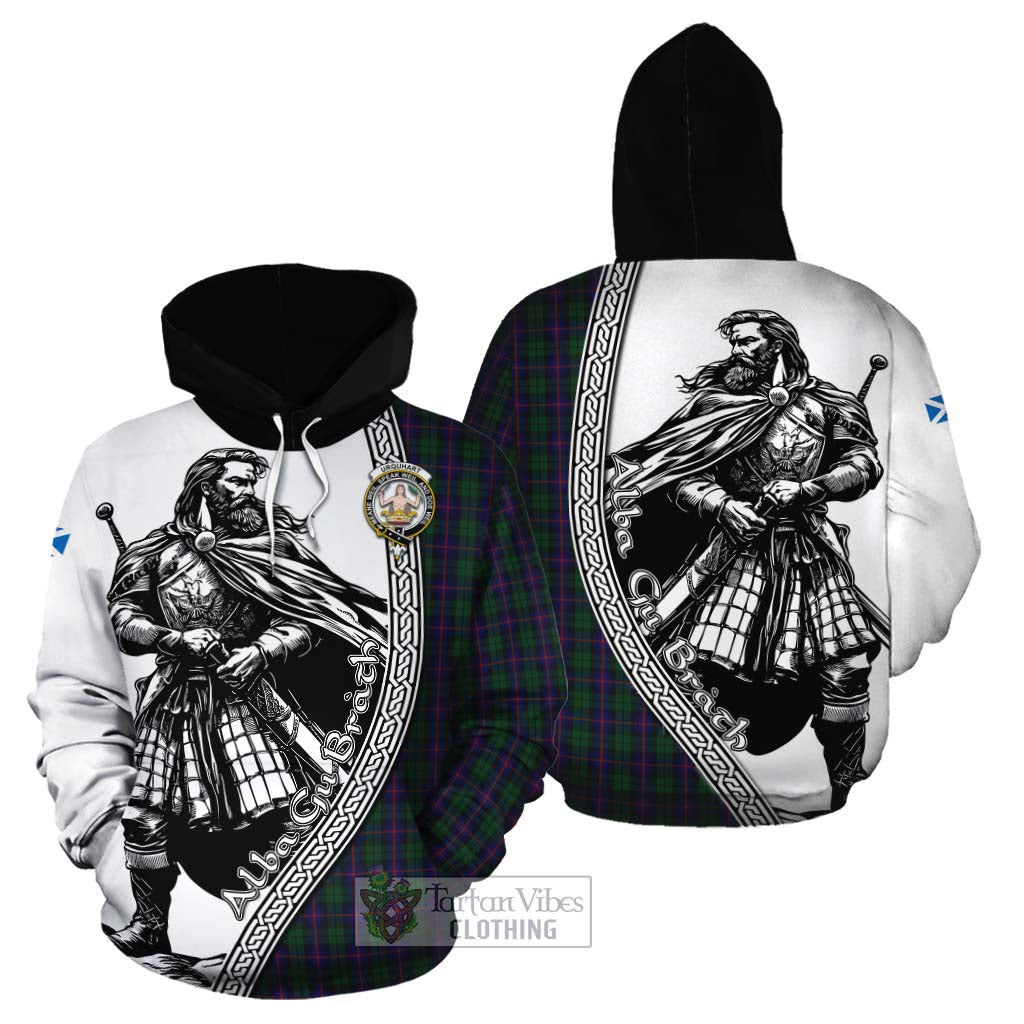 Tartan Vibes Clothing Urquhart Tartan Clan Crest Cotton Hoodie with Highlander Warrior Celtic Style