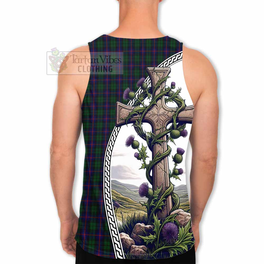 Tartan Vibes Clothing Urquhart Tartan Men's Tank Top with Family Crest and St. Andrew's Cross Accented by Thistle Vines