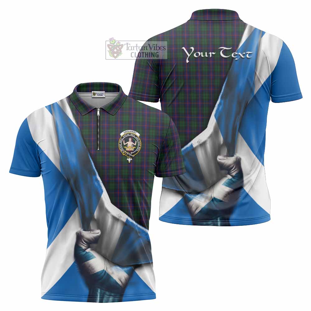 Tartan Vibes Clothing Urquhart Tartan Zipper Polo Shirt with Family Crest Scotland Patriotic Style