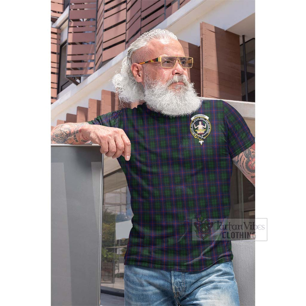 Tartan Vibes Clothing Urquhart Tartan Cotton T-shirt with Family Crest and Bearded Skull Holding Bottles of Whiskey