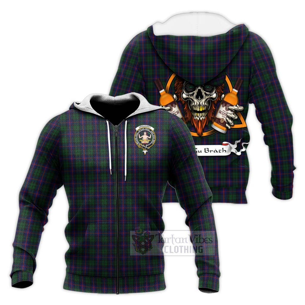 Tartan Vibes Clothing Urquhart Tartan Knitted Hoodie with Family Crest and Bearded Skull Holding Bottles of Whiskey