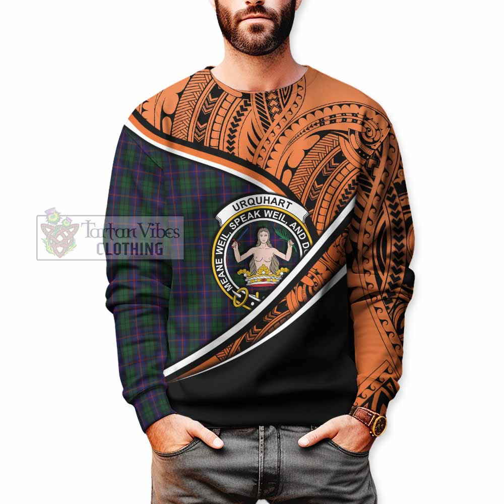 Tartan Vibes Clothing Urquhart Crest Tartan Sweatshirt with Maori Tattoo Style - Orange Version