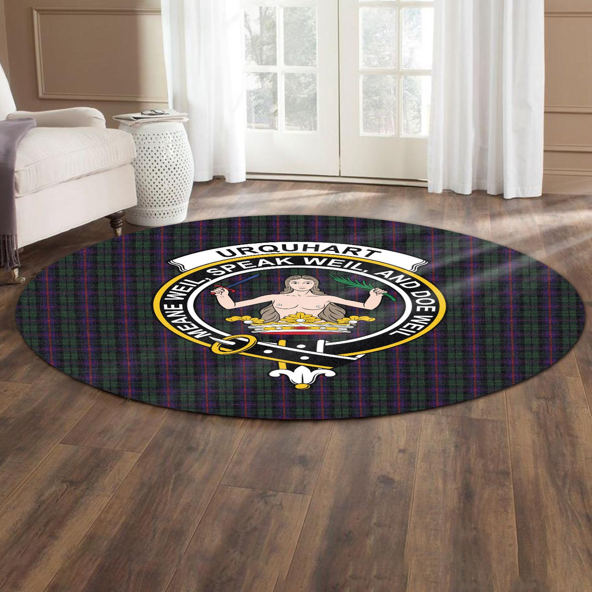 Urquhart Tartan Round Rug with Family Crest - Tartan Vibes Clothing