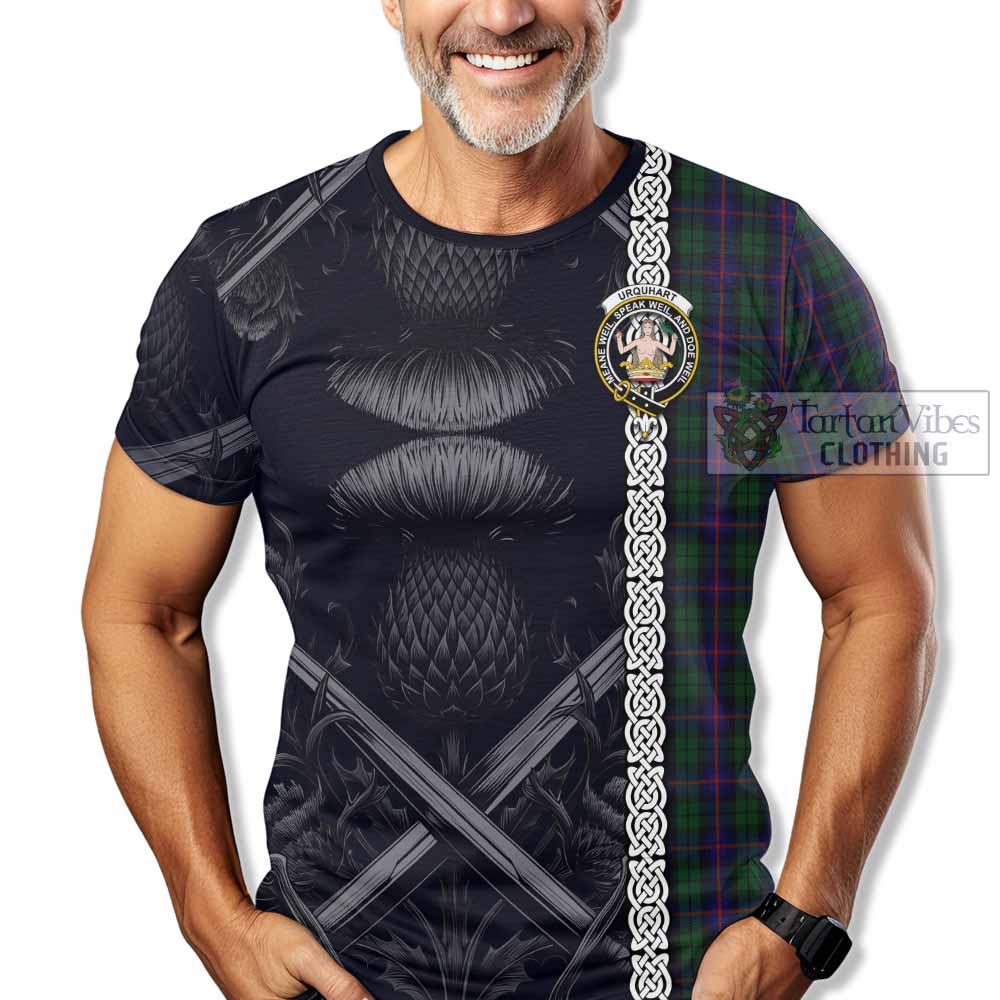 Tartan Vibes Clothing Urquhart Tartan T-Shirt with Family Crest Cross Sword Thistle Celtic Vibes