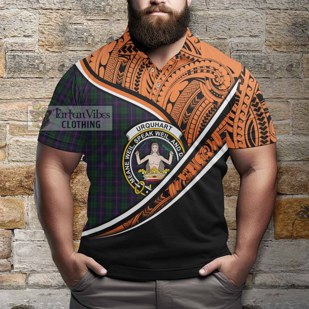 Tartan Vibes Clothing Urquhart Crest Tartan Polo Shirt with Maori Tattoo Style - Orange Version