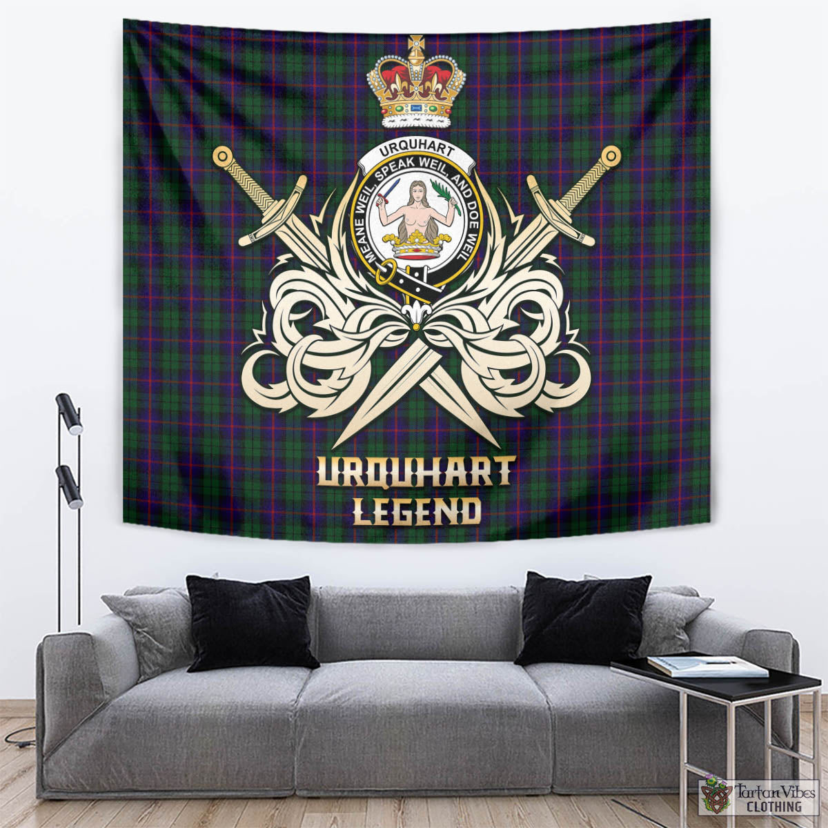 Tartan Vibes Clothing Urquhart Tartan Tapestry with Clan Crest and the Golden Sword of Courageous Legacy