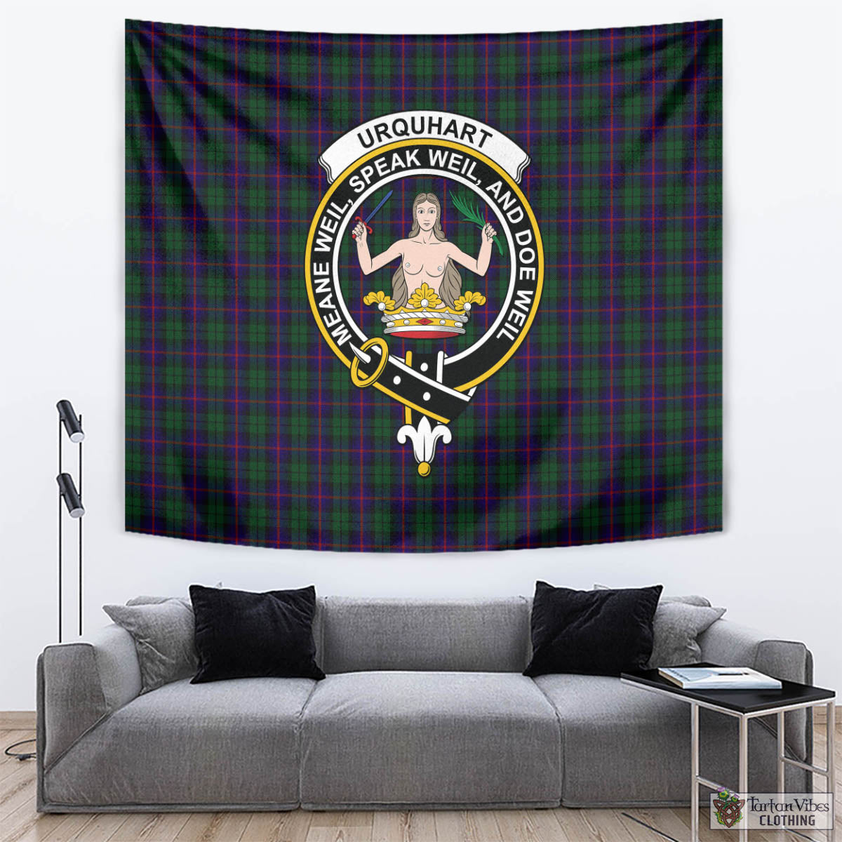 Tartan Vibes Clothing Urquhart Tartan Tapestry Wall Hanging and Home Decor for Room with Family Crest