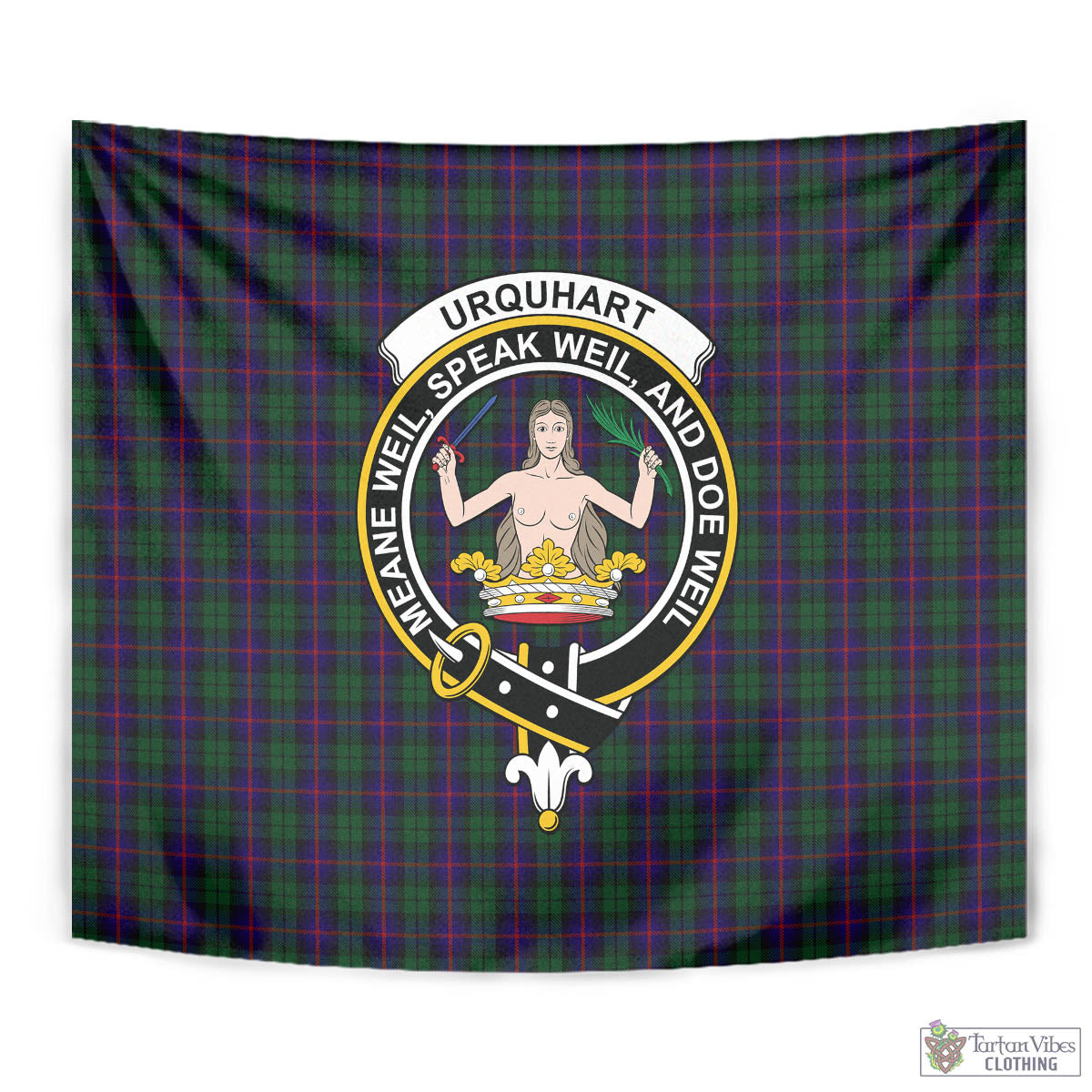 Tartan Vibes Clothing Urquhart Tartan Tapestry Wall Hanging and Home Decor for Room with Family Crest