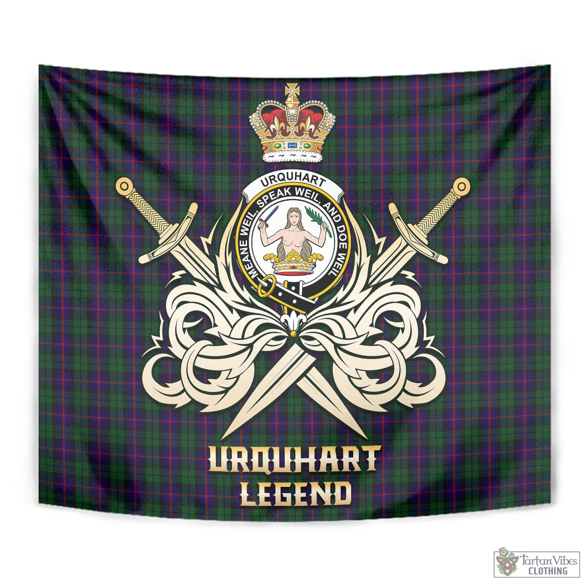 Tartan Vibes Clothing Urquhart Tartan Tapestry with Clan Crest and the Golden Sword of Courageous Legacy