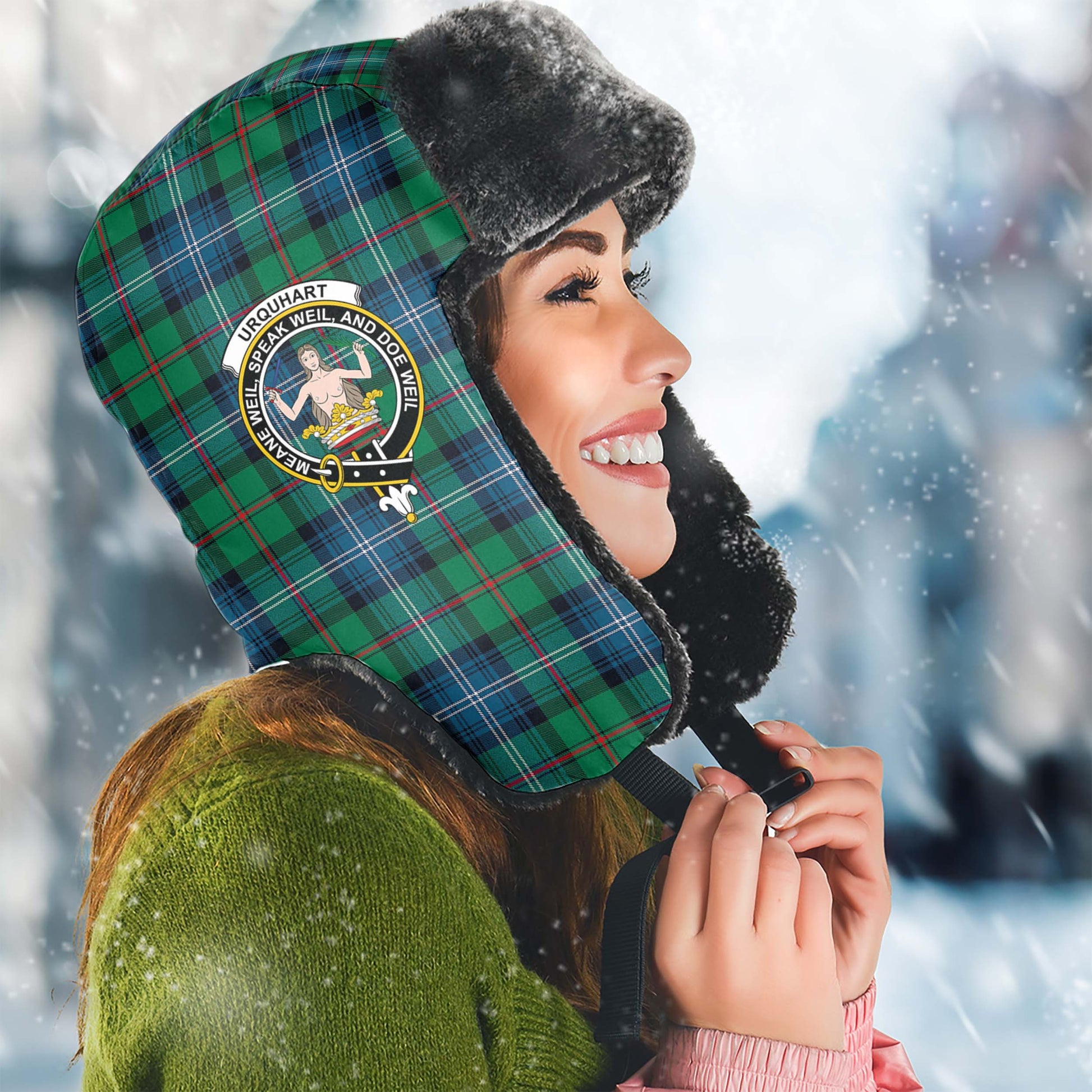 Urquhart Ancient Tartan Winter Trapper Hat with Family Crest Winter Trapper Hat Universal Fit Circumference 22.8in (58cm) - Tartanvibesclothing